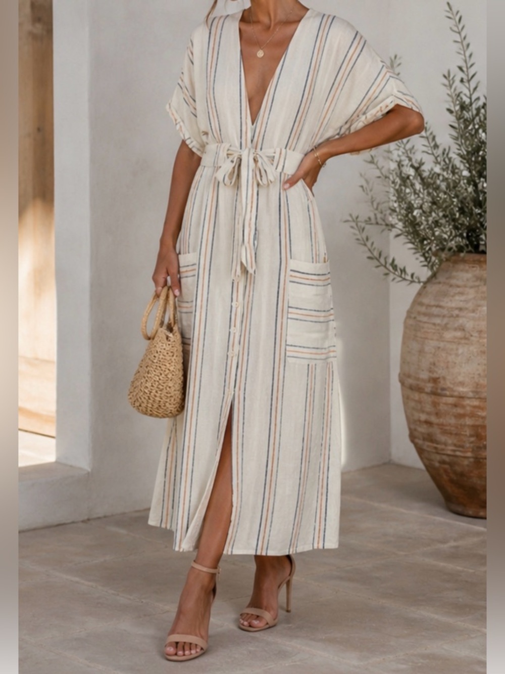 HAPPY NATURE Striped Cream Asymmetrical Tie-Waist Midi Dress 10
